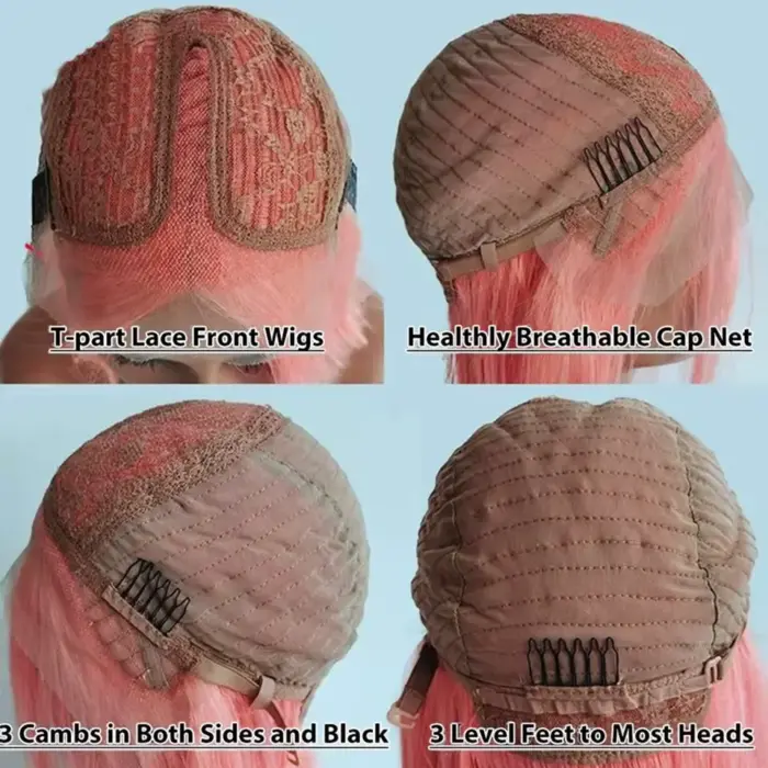 Peluca de cabello humano lacio con encaje frontal color rosa - Imagen 4