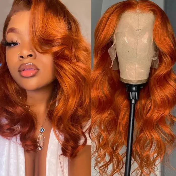 Peluca de cabello humano ondulado con encaje Frontal color naranja jengibre, pelo Remy natural