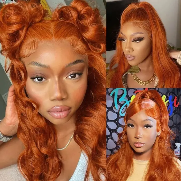 Peluca de cabello humano ondulado con encaje Frontal color naranja jengibre, pelo Remy natural - Imagen 5