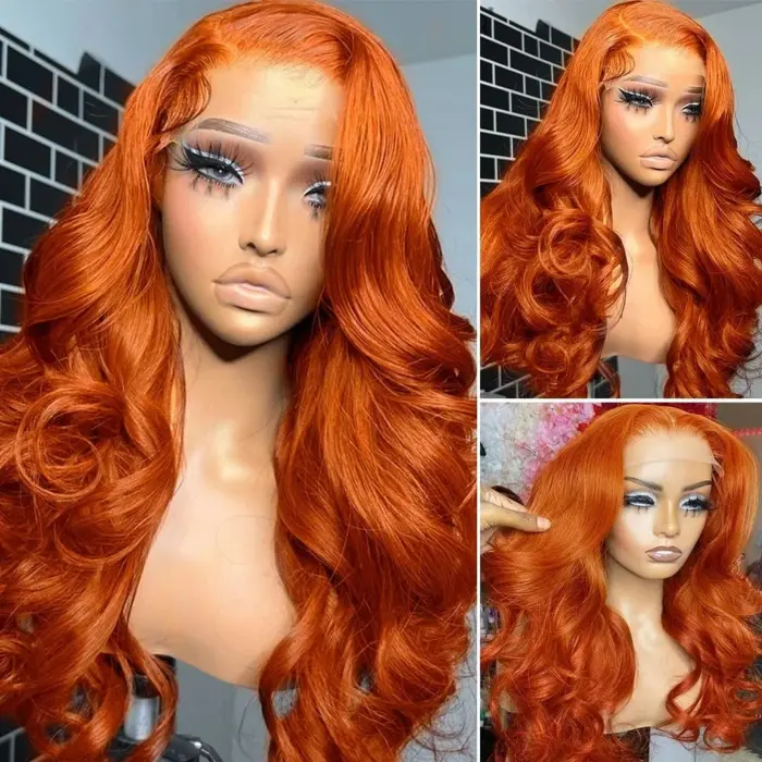 Peluca de cabello humano ondulado con encaje Frontal color naranja jengibre, pelo Remy natural - Imagen 6